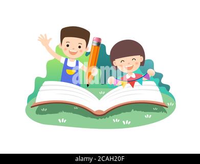 Kindererziehung, nette Kinder lesen Bücher in der Natur. Weißer Hintergrund, Vektorgrafik. Stock Vektor