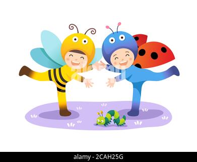 Kindererziehung, Kinder spielen in niedlichen Insektenkostümen. Weißer Hintergrund, Vektorgrafik. Stock Vektor
