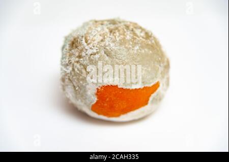 Verdorbenes Orange isoliert auf weißem Hintergrund. Nahaufnahme. Horizontale Aufnahme. Stockfoto