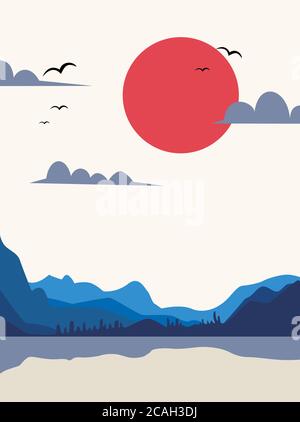 vektor-Illustration Sonnenuntergang einer Meereslandschaft mit Berg Stock Vektor
