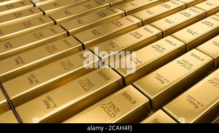 Goldbarren im Lager gestapelt. Finanzkonzepte. Viele Goldbarren. Makroansicht von Goldstapeln, 3D-Rendering Stockfoto