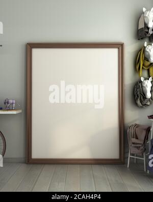 Imitierter Posterrahmen im modernen Wohnzimmer im Hintergrund 3d-Renderbild Stockfoto