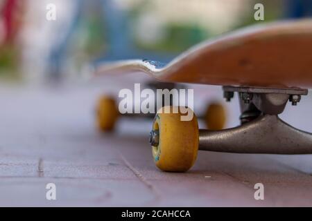 Skateboard auf dem Gartenboden Stockfoto