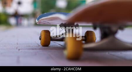 Skateboard auf dem Gartenboden Stockfoto