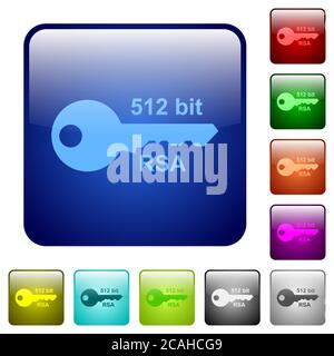 512-Bit-rsa-Verschlüsselungssymbole in abgerundeter quadratischer Farbe, glänzend, Tastensatz Stock Vektor
