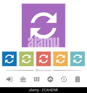 Aktualisieren Sie die flachen weißen Pfeile in quadratischen Hintergründen. 6 Bonus-Symbole enthalten. Stock Vektor