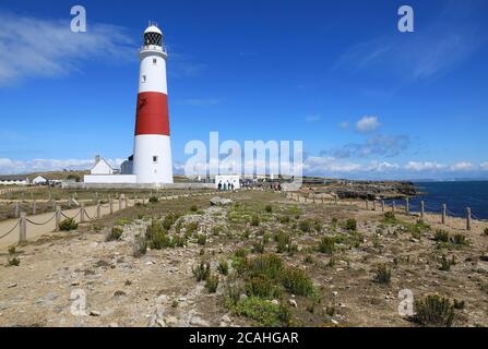 Portland Bill Lighthouse, ein historischer, funktionierender Leuchtturm in Portland Bill, an der Südspitze der Isle of Portland, Dorset, England, Großbritannien Stockfoto