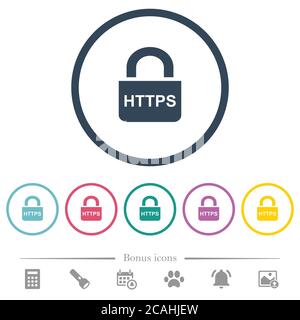 Sichere, flache Farbsymbole für das HTTP-Protokoll in runden Umrissen. 6 Bonus-Symbole enthalten. Stock Vektor