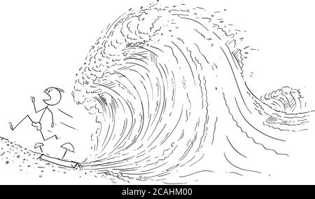 Vektor Cartoon Stick Figur Zeichnung konzeptionelle Illustration des Menschen oder Touristen am Strand oder an der Küste, die vor dem großen Ozean oder Meerwasserwelle oder Tsunami. Stock Vektor