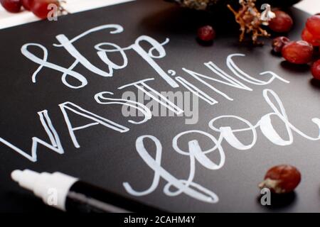 Kreidetafel mit Stop Wasting Food Schriftzug mit faulen Früchten herum Stockfoto