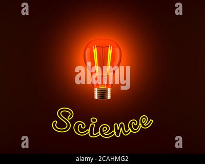 Konzeptionelle 3D gerenderte Illustration einer leuchtenden Glühbirne und dem neon beleuchteten Wort Science. Stockfoto