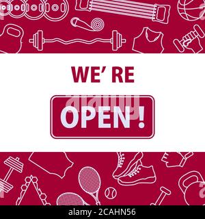 Vektor-Illustration Wiedereröffnung von Fitness-Center, Sportvereine nach Coronavirus Quarantäne. Neue normale. COVID kostenlos. Sign Wir sind offen. Starten Sie das Geschäft neu Stock Vektor