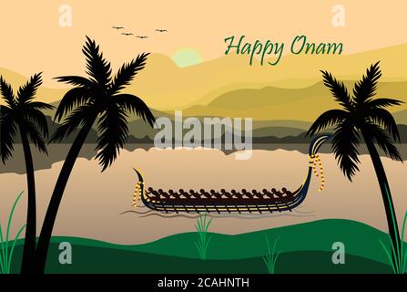 Happy Onam ein sehr berühmtes südindisches Festival von Indien. Kathakali Abstract Face Design oder Make-up Hand ertrinken minimale Linien Stock Vektor