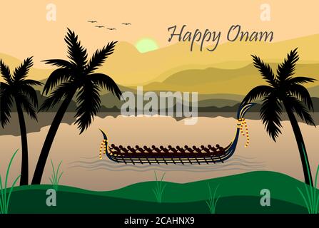 Happy Onam ein sehr berühmtes südindisches Festival von Indien. Kathakali Abstract Face Design oder Make-up Hand ertrinken minimale Linien Stock Vektor