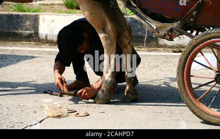 Bogor, Indonesien - 19. April 2019: In Cibonong, Bogor, West-Java, hat jemand Hufeisen angesetzt. Stockfoto