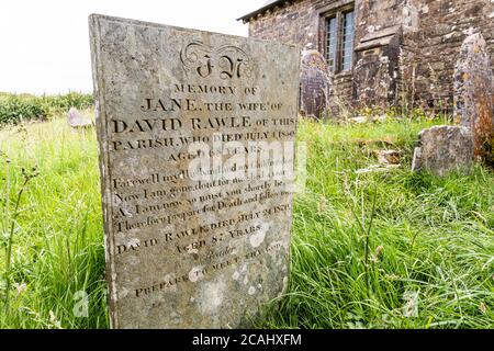 Exmoor National Park - 1850. Jahrhundert Grabstein von Jane Rawle (gestorben) im Kirchhof von Stoke Pero Kirche, Somerset UK - Bereiten Sie sich vor, Ihrem Gott zu begegnen Stockfoto