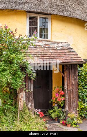 Exmoor National Park - der Eingang eines reetgedeckten Häuschen im Dorf Luccombe, Somerset UK Stockfoto