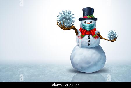 Schneemann trägt eine Gesichtsmaske Konzept als Winter Schneemann Weihnachtszeit Symbol für Gesundheit und Gesundheit Prävention von Krankheiten als medizinische Geräte. Stockfoto