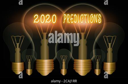 Word Writing Text 2020 Vorhersagen. Geschäftsfoto zeigt Aussage über das, was Sie denken, wird in 2020 realistische farbige Vintage-Glühbirnen passieren Stockfoto