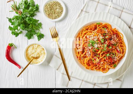Spaghetti mit Ragout mit Tomaten und gemahlenen italienischen Schweinswürsten bestreut mit zerfetztem Parmesan und gehackter Petersilie in einer weißen Schüssel, Ansicht Stockfoto