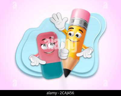 Zurück zur Schule Konzept. 3D-Illustrationen von Bleistift und Radiergummi Emoticons Zeichen vor dem Banner. Stockfoto