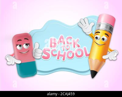 Zurück zur Schule Konzept. 3D-Illustrationen von Bleistift und Radiergummi Emoticons Zeichen vor dem Banner. Zurück zur Schule Text auf dem Banner. Stockfoto