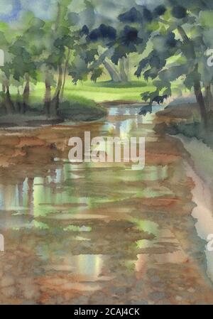 Wald- und Flusslandschaft mit Sonnenlicht Aquarell Hintergrund Stockfoto