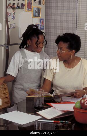 Die afroamerikanische Mutter liest die Hausaufgaben der zweiten Klasse der Tochter am Küchentisch zu Hause in Austin, Texas. Modellversion. ©Bob Daemmrich Stockfoto