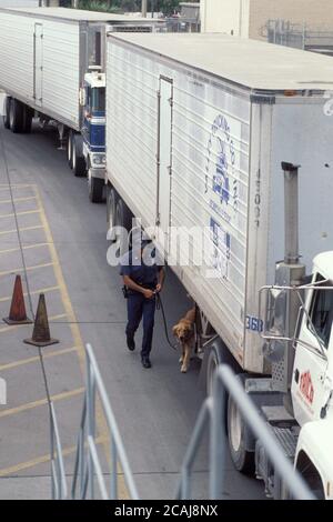 Brownsville Texas USA: US-Zollbeamter führt Drogenschnüffelhund an einer Grenzübergangsstation von Mexiko in die Vereinigten Staaten durch Kühllaster. ©Bob Daemmrich Stockfoto