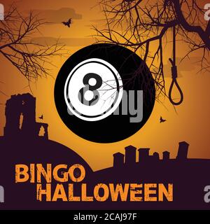 Halloween Bingo Gruselige Gruselige Hintergrund Mit Nummer Acht Black Ball Dekorative Text Und Silhouette Von Bäumen Friedhof Ruinen Und Fledermäuse Stock Vektor