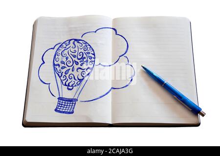 Doodle hot-air balloon paper Notebook Pen isolated Stockfoto