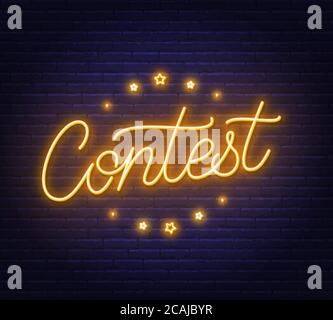 Contest Neon-Zeichen auf Backstein Wand Hintergrund. Stock Vektor