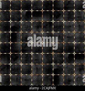 Aquarell abstrakt geometrisch schwarz Samt Streifen Karo Nahtloses Muster mit Gold Glitter Linie Kontur. Aquarell handgezeichnet gestreifte Textur hintergr Stockfoto