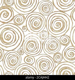 Abstraktes Nahtloses Muster mit 3d golden glitzernder Acrylfarbe runde Spiralkreise auf weißem Hintergrund. Handgezeichnete Glitzer Spiralen endlose Textur Stockfoto