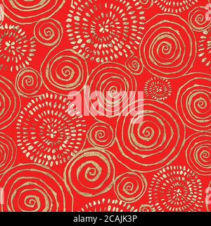 Abstraktes Nahtloses Muster mit 3d golden glitzernder Acrylfarbe runde Spiralkreise auf rotem Hintergrund. Handgezeichnete Glitzer Spiralen endlose Textur. Stockfoto