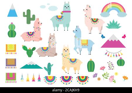 Niedliche Lamas, Alpakas und Kaktus Illustrationen für Kinderzimmer Design, Poster, Gruß, Geburtstagskarte, Baby-Dusche-Design und Party-Dekor Stock Vektor