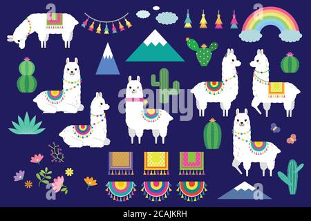 Niedliche Lamas, Alpakas und Kaktus Illustrationen für Kinderzimmer Design, Poster, Gruß, Geburtstagskarte, Baby-Dusche-Design und Party-Dekor Stock Vektor