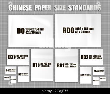 Kompletter Satz chinesischer Formatstandards für Papierblätter der Serien D, RD. Realistische, weiße Papierseiten in verschiedenen Formaten Stock Vektor