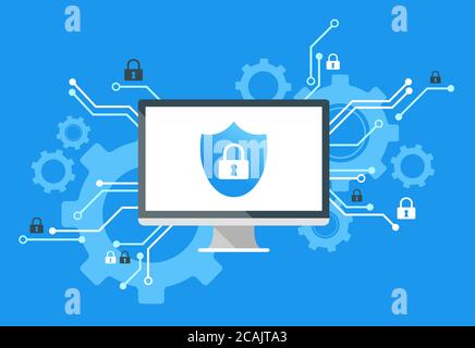 Illustration zu Cyberkriminalität. Konzept mit verbundenen Symbolen für Datensicherheit, Phishing, Hacking, Identitätsdiebstahl oder virtuelle Cyberangriffe Stockfoto