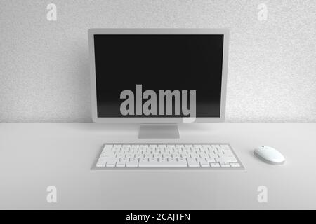 Computer auf einem weißen Schreibtisch neben Tastatur und Maus. 3d-Illustration. Stockfoto