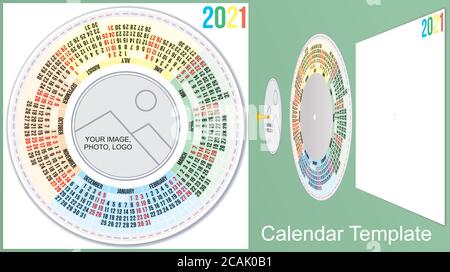 Kalender 2021. Farbenprächtiger runder Kalender 2021. Kalendervorlage. Woche Beginnt Montag. Geplant für 2021 Jahre. Stock Vektor