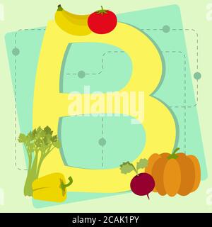 Buchstabe 'b' aus stilisiertem Alphabet mit Obst und Gemüse - Tomaten, Banane, Pfeffer, Kürbis, Rüben Stock Vektor