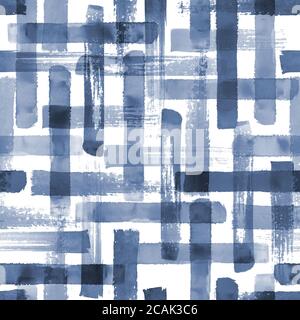 Abstrakte Grunge Kreuz geometrischen Formen zeitgenössische Kunst blau Farbe nahtlose Muster Hintergrund. Aquarell handgezeichnet Indigo Pinsel Striche Textur. Wa Stockfoto