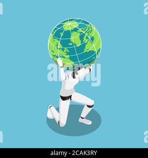 Flacher, isometrischer 3D-Ai-Roboter, der die Welt auf der Schulter trägt. Künstliche Intelligenz und ai beherrschen das Weltkonzept. Stock Vektor