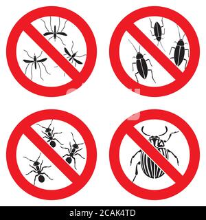 Insekten stoppen. Zecke, Wanzen und Moskitos Silhouetten. Warnung verboten Zeichen, Anti-Insekten-Vektor-Symbole Stock Vektor