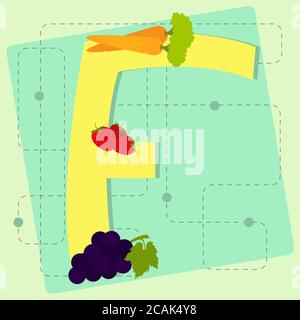 Buchstabe 'f' aus stilisiertem Alphabet mit Obst und Gemüse: Karotten, Erdbeere, Traube Stock Vektor