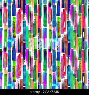 Zeitgenössische Kunst Multicolor nahtlose Muster Hintergrund. Abstrakte Grunge Kreuz geometrischen Formen. Aquarell Hand gezeichnet bunte Pinselstriche Textur. Stockfoto