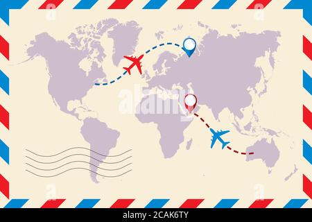 Luftpost-Umschlag. Das Flugzeug und seine Spur auf der Weltkarte. Reisen Sie in die Welt. Handgezeichnetes Flugzeug und seine Spur auf der Weltkarte. Das Flugzeug ist in einem Punkt Stock Vektor