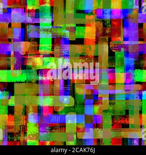 Zeitgenössische Kunst Multicolor nahtlose Muster Hintergrund. Abstrakte Grunge Kreuz geometrischen Formen. Aquarell Hand gezeichnet bunte Pinselstriche Textur. Stockfoto