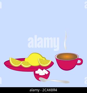 Eine Tasse heißen Tee und Zitronen auf einer Untertasse isoliert auf einem blauen Hintergrund. Stock Vektor